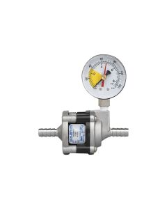 65 PSI WPRV, SS Body, SS 3/8" Barb inlet & outlet, and a pressure gauge with follower